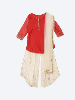 Biba - Red Art Silk Straight Suit (Set of 4)