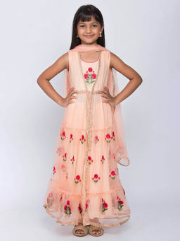 Biba - Peach Embroidered Shrug and Inner with Churidar and Dupatta (Set of 4)