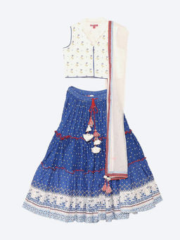 Biba - Off White And Blue Cotton Lehenga (Set of 3)