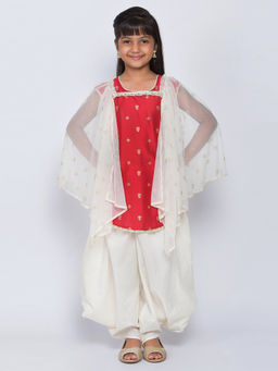 Biba - Red Floral Kurta With Dhoti Pants & Drape (Set of 3)