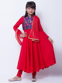 Biba - Red Solid Kurta & Jacket With Churidar & Dupatta (Set of 4)