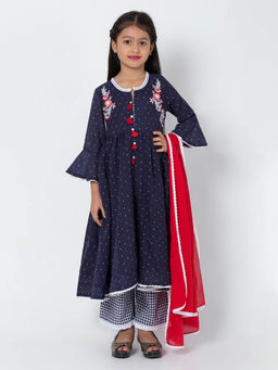 Biba - Navy blue Printed Kurta with Palazzo and Dupatta (Set of 3)