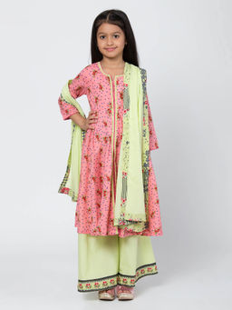 Biba - Pink Printed Anarkali Kurta with Palazzo and Dupatta (Set of 3)