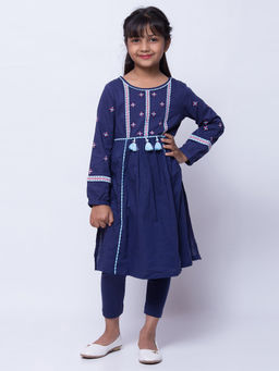 Biba - Navy Blue Solid Kurta With Leggings (Set of 2)