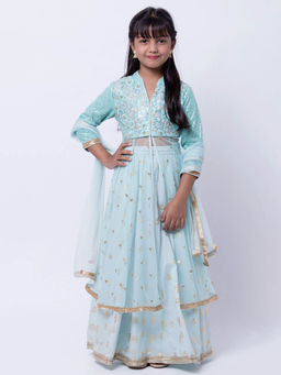 Biba - Turquoise Embellished Blouse with Lehenga and Dupatta (Set of 3)