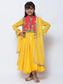 Biba - Yellow Printed Kurta & Jacket With Leggings & Dupatta (Set of 4)
