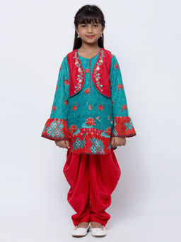 Biba - Turquoise Printed Kurta With Dhoti Pants & Jacket (Set of 3)