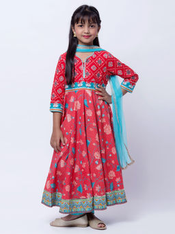 Biba - Red Floral Kurta With Churidar & Dupatta (Set of 3)