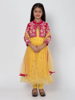 Biba - Pink Embroidered Anarkali Kurta and Jacket with Dupatta and Churidar (Set of 4)