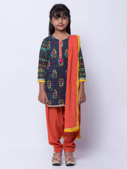 Biba - Navy blue Printed Kurta with Salwar and Dupatta (Set of 3)