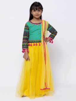 Biba - Turquoise Printed Top with Lehenga and Dupatta (Set of 3)