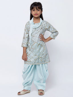 Biba - Blue Embellished Kurta With Dhoti Pants & Scarf (Set of 3)