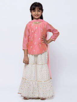 Biba - Pink Embroidered Kurta With Sharara Pants & Dupatta (Set of 3)
