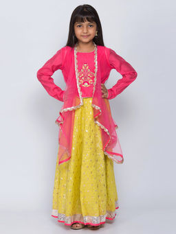 Biba - Green Printed Lehenga With Top & Shrug (Set of 3)