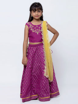 Biba - Purple Printed Lehenga With Top & Dupatta (Set of 3)