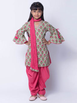 Biba - Turquoise Printed Kurta with Dhoti pant and Dupatta (Set of 3)