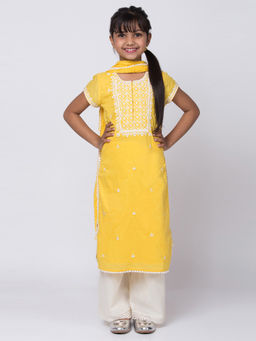 Biba - Yellow Embroidered Kurta With Palazzo & Dupatta (Set of 3)