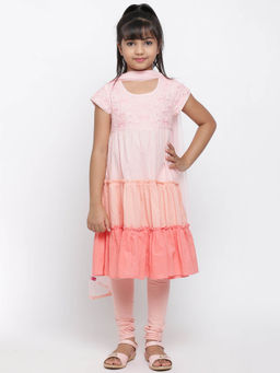 Biba - Peach Embroidered Kurta with Leggings and Dupatta (Set of 3)