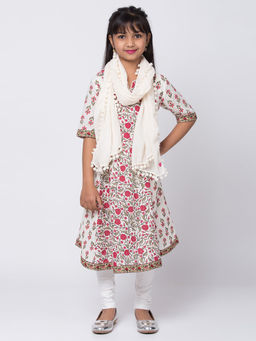 Biba - White Floral Kurta With Leggings & Dupatta (Set of 3)