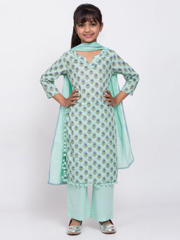Biba - Green Floral Kurta With Palazzo & Dupatta (Set of 3)