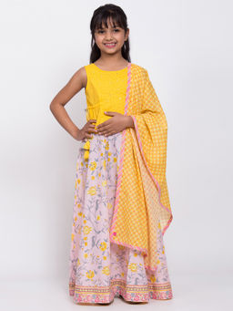Biba - Yellow Cotton Floral Lehenga Set (Set of 3)