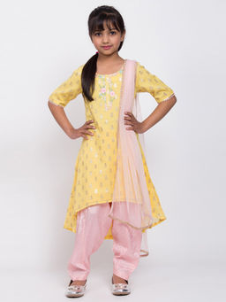 Biba - Yellow Printed Kurta With Salwar & Dupatta (Set of 3)