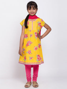 Biba - Yellow Floral Kurta With Churidar & Dupatta (Set of 3)