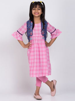 Biba - Pink Checks Kurta With Leggings & Jacket (Set of 3)