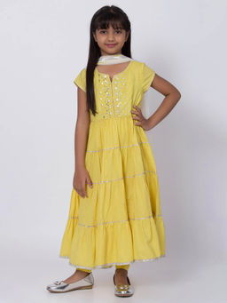 Biba - Yellow Embroidered Kurta with Churidar and Dupatta (Set of 3)