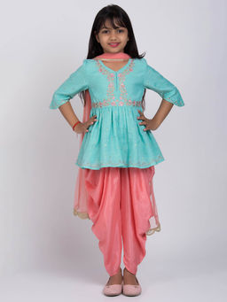 Biba - Turquoise Embroidered Kurta with Dhoti pant and Dupatta (Set of 3)