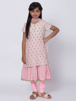 Biba - Pink Floral Kurta & Inner With Churidar & Dupatta (Set of 4)