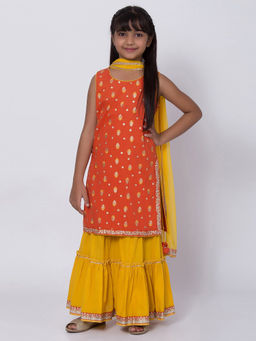 Biba - Orange Printed Kurta With Sharara Pants & Dupatta (Set of 3)