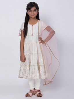 Biba - White Printed Kurta With Churidar & Dupatta (Set of 3)