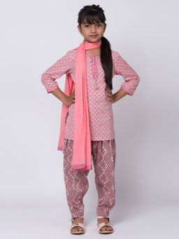Biba - Pink Printed Kurta With Salwar & Dupatta (Set of 3)