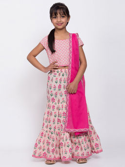 Biba - Pink Printed Lehenga With Top & Dupatta (Set of 3)