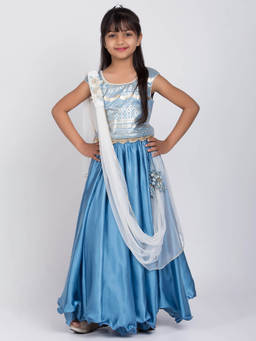 Biba - Blue Printed Top with Lehenga and Dupatta (Set of 3)