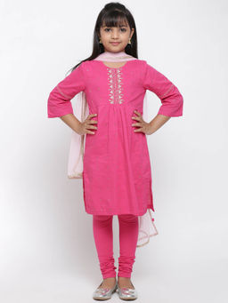 Biba - Pink Embellished Kurta with Leggings and Dupatta (Set of 3)