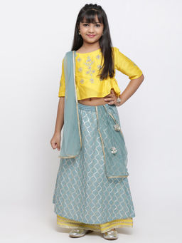 Biba - Yellow And Teal Lehenga Set (Set of 3)