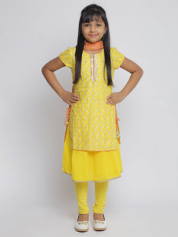 Biba - Yellow Embroidered Kurta and Churidar with Inner and Dupatta (Set of 4)