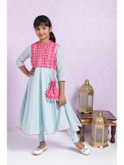 Biba - Sky Blue and Pink Cotton Anarkali Kurta with Jacket, Dupatta, Churidar And Bag (Set of 5)