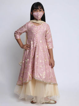 Biba - Pink Embroidered Kurta and Lehenga with Dupatta and Mask (Set of 4)