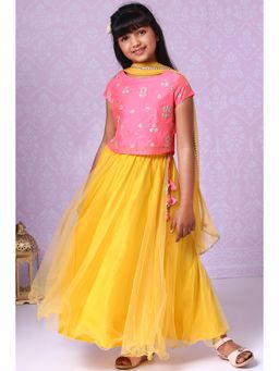 Biba - Pink and Yellow Poly Modal Straight Lehenga and Blouse with Dupatta (Set of 3)