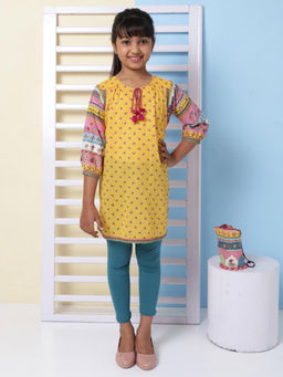 Biba - Yellow Cotton A Line Kurta and Leggings with Potli Bag (Set of 3)