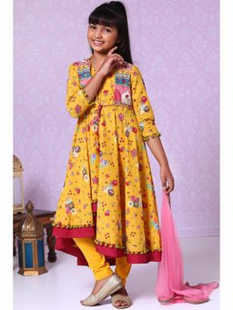 Biba - Yellow Cotton A Line Kurta with Attached Jacket (Set of 3)