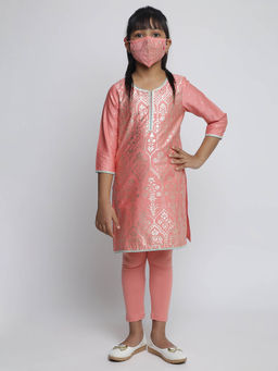 Biba - Peach Printed Kurta with Leggings and Mask (Set of 3)