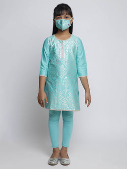 Biba - Turquoise Printed Kurta with Leggings and Mask (Set of 3)