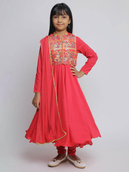 Biba - Red Printed Anarkali Kurta and Jacket with Dupatta and Churidar (Set of 4)
