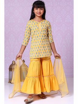 Biba - Yellow Cotton Straight Sharara (Set of 3)