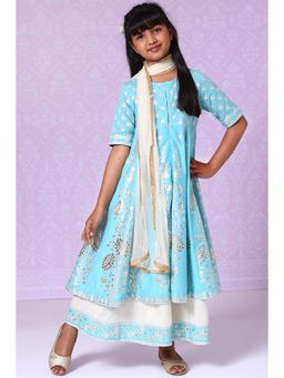 Biba - Light Blue Cotton Kalidar Kurta (Set of 4)