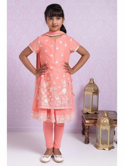 Biba - Peach Cotton Flared Kurta Set (Set of 5)